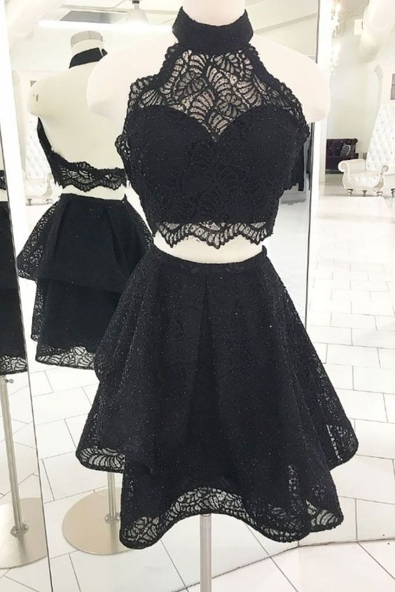 Black Halter Lace Homecoming Dresses,Two Pieces Short Cocktail Dresses  cg417