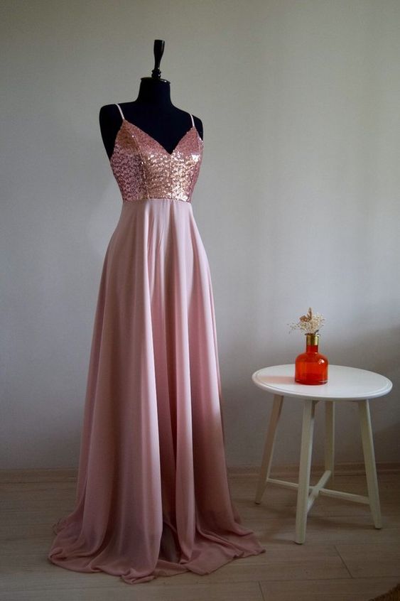 Charming Chiffon With Top Sequin Rose Gold prom dress cg4232