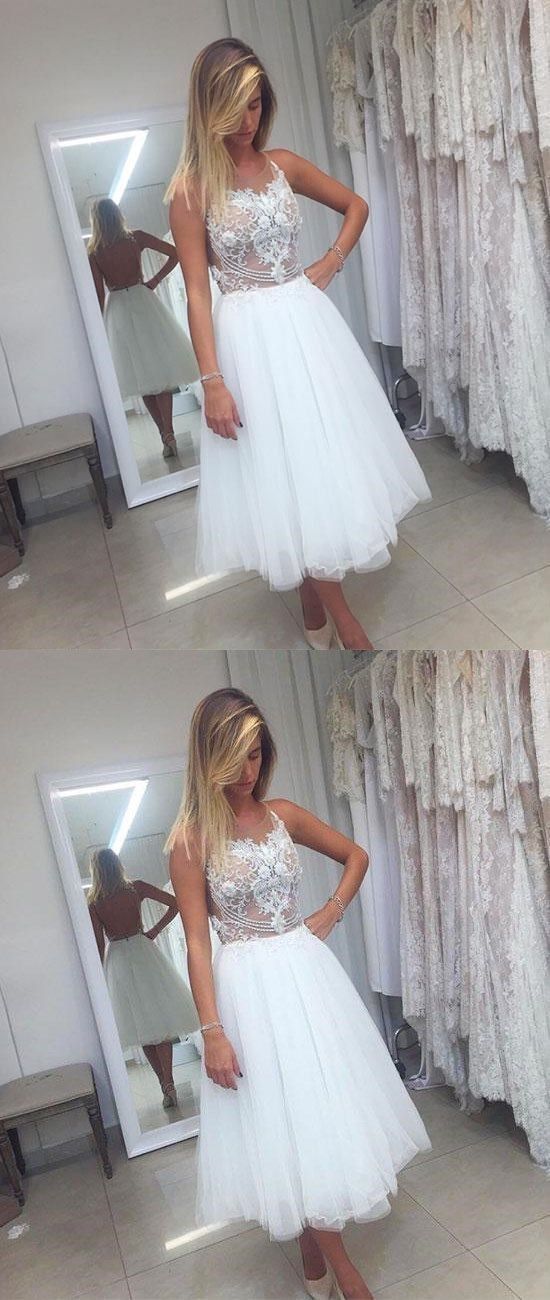 White tulle lace short dress, white homecoming dress cg4249