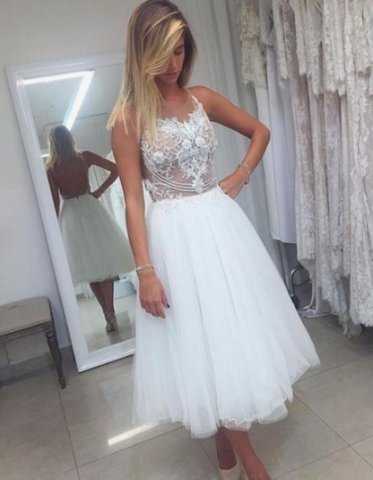 White tulle lace short dress, white homecoming dress cg4249