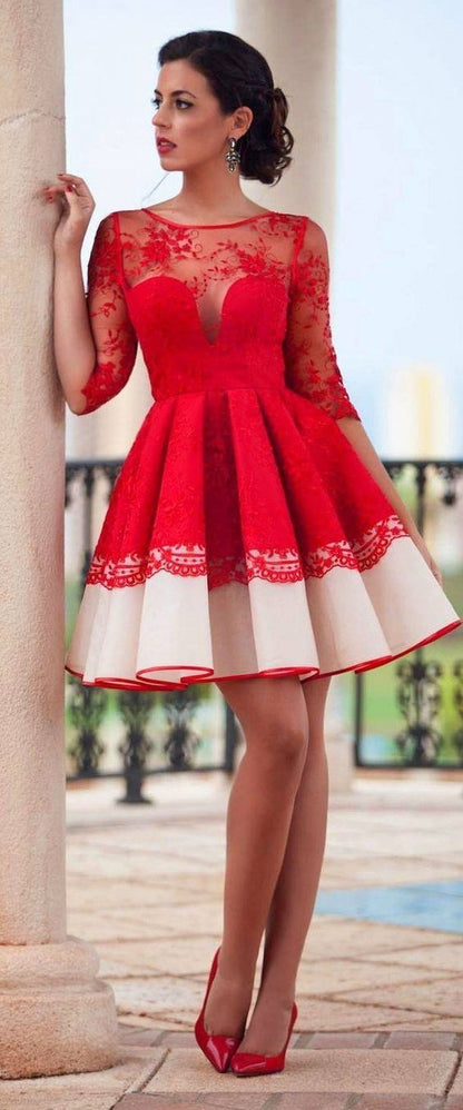 Chic Homecoming Dress Scoop A-line Red Lace Short Dress Party Dress  cg4278