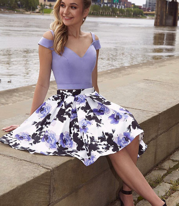 Cold Shoulder Two Piece A-Line Floral Print Short homecoming Dress cg431