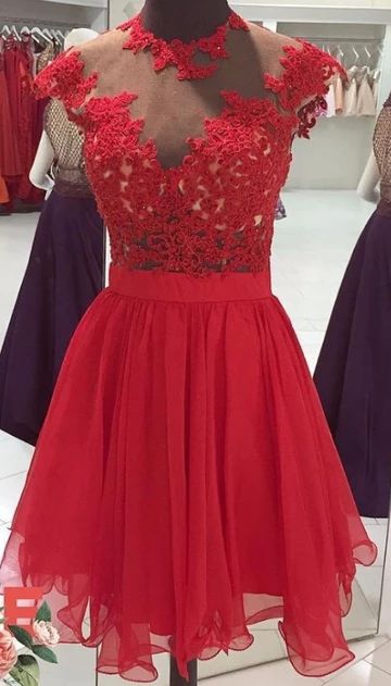 Red Homecoming Dresses With Lace Appliques Beaded High Collar Graduation gown cg4314