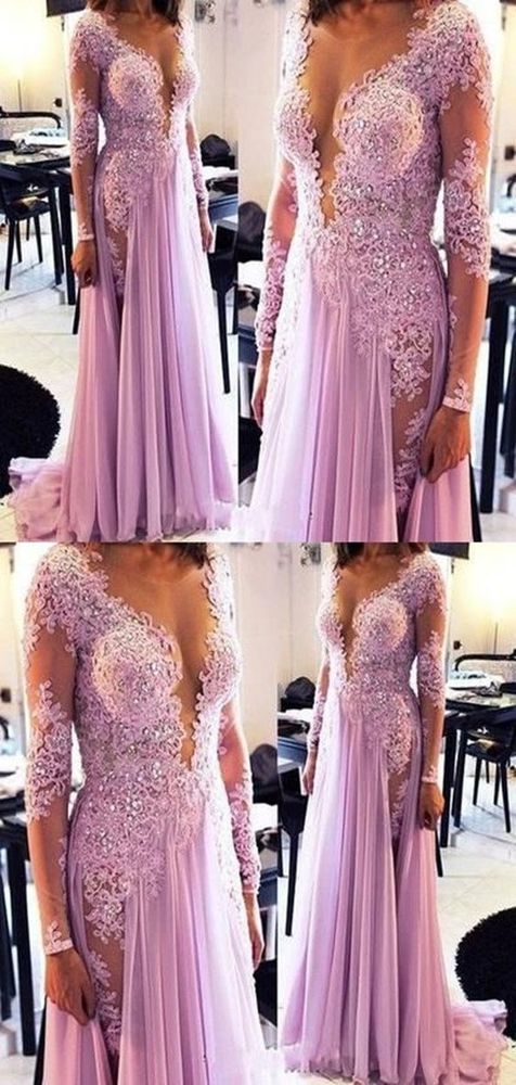 2019 Long Sleeve V neck Chiffon Appliques Evening Dress, Formal Prom Dress, Sexy Evening Gown cg4320