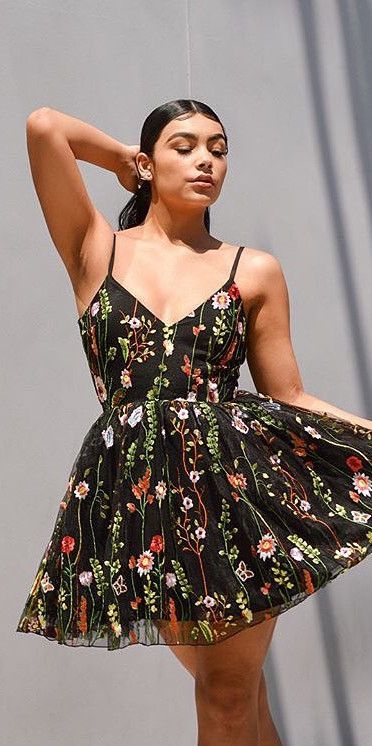 spaghetti straps short black floral homecoming dresses cg4323