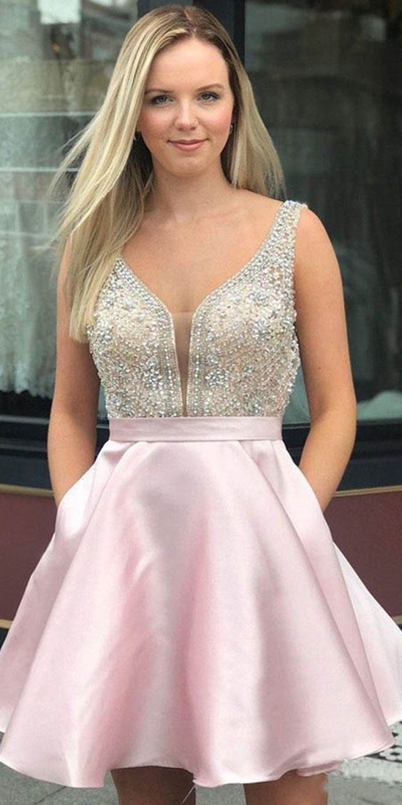 Beaded Satin Homecoming Dresses with Pocket Short Dresses cg4336