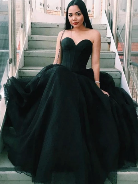 Black sweetheart neck tulle long prom dress black evening dress cg4344