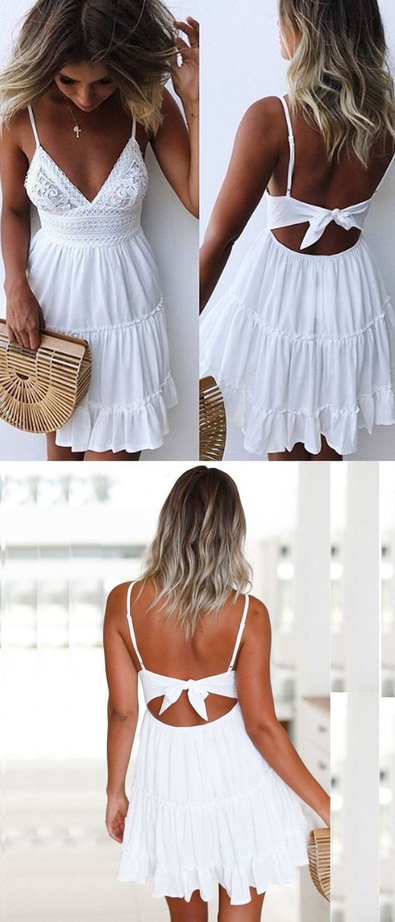 straps short white dresses, summer homecoming dress, holiday dresses cg4356