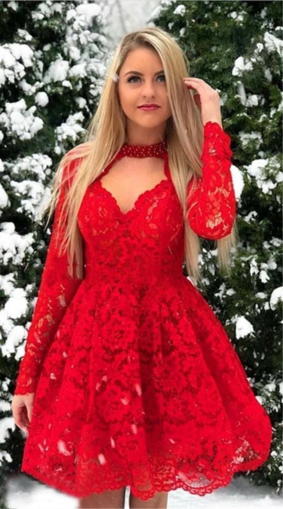 vintage red lace short homecoming dresses, long sleeve knee length homecoming dress for teens, long sleeve homecoming dress cg436