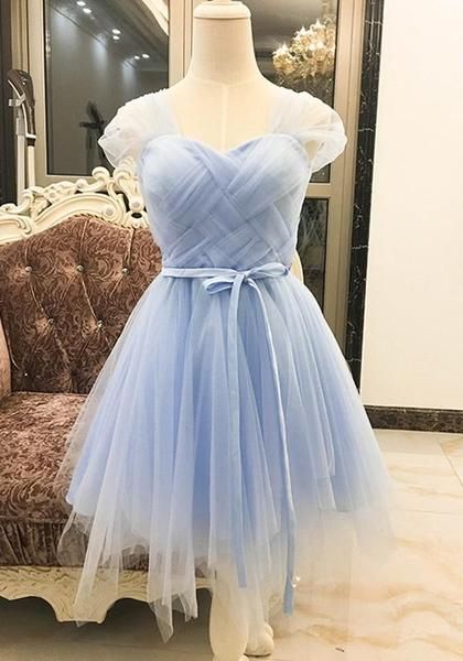 Light Blue Patchwork Grenadine Belt Double-deck Irregular Mini homecoming Dress cg4378