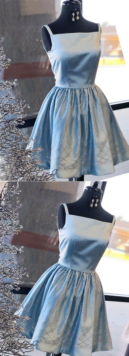 Blue Sleeveless A Line Satin Short Homecoming Dresses With Sequin cg439