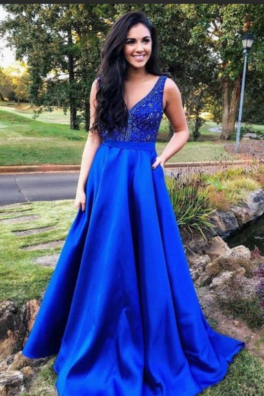 2019 A Line Prom Dresses V Neck Satin With Beads&Sequins cg4396