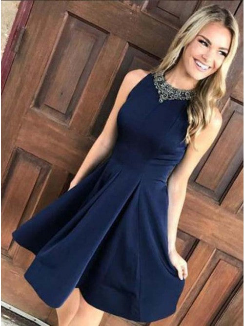 A-Line Jewel Dark Blue Short Homecoming Dress with Appliques cg443