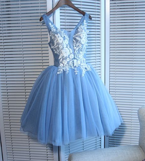 Cute blue lace short party dress, blue homecoming dress cg4475