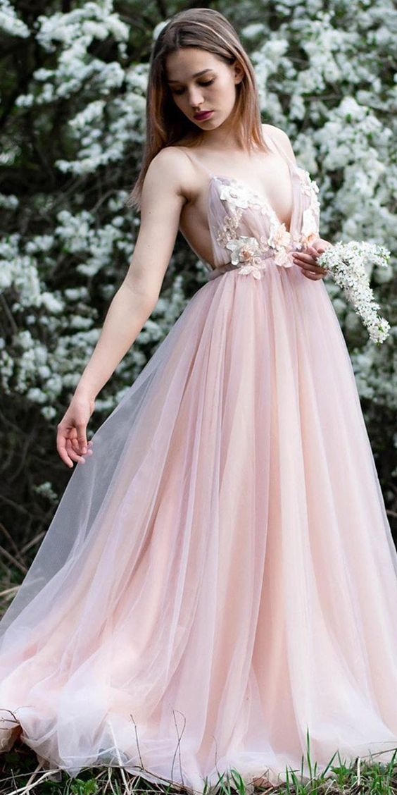 Pink Tulle Spaghetti Straps V-Neck Flowers Long Prom Dress cg4479