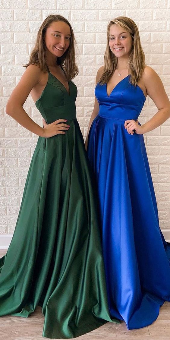 Green and Royal Blue Satin V-Neck Halter Long Prom Dress. cg4481