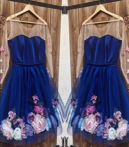 Long Sleeves 3D Floral Short Blue Dresses, Short Blue Formal Graduation Homecoming Dresses cg4513