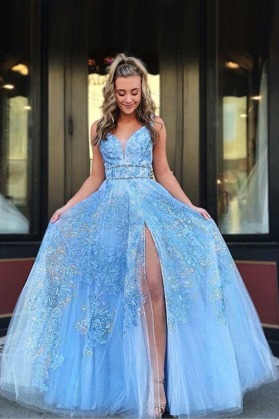 Light Blue Floor Length Sleeveless Lace Prom Dresses 452