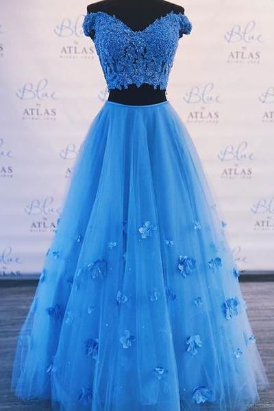 Two Piece Blue Prom Dress Off-The-Shoulder A Line Long Graduation Gown  cg453