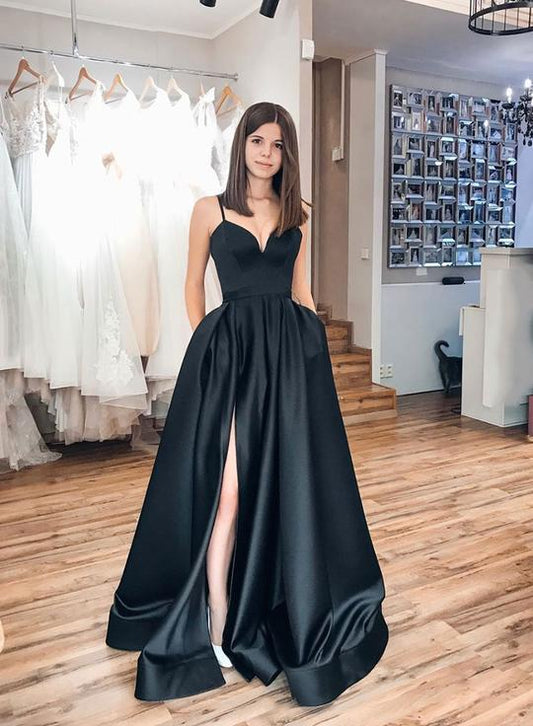 Simple black satin long prom dress, black evening dress cg4557