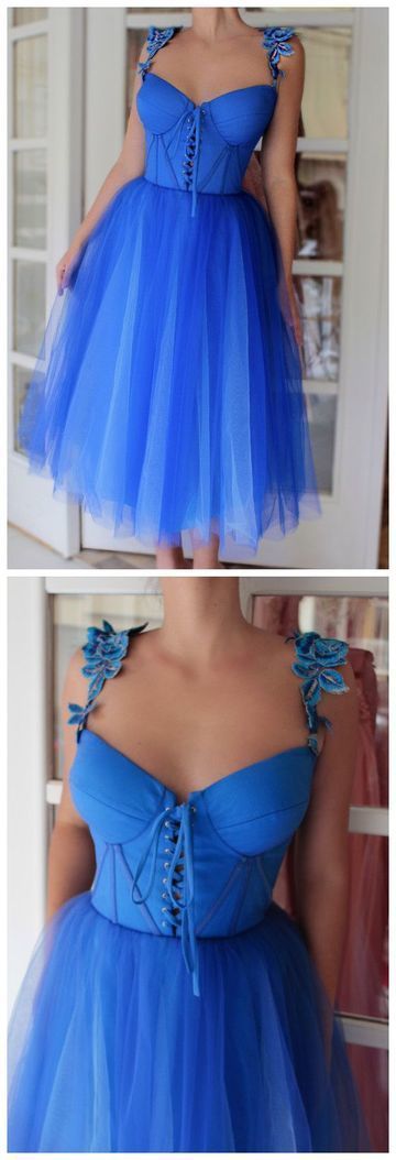 Sexy Applique Spaghetti Straps Tulle Blue Dress Charming Homecoming Dress cg4583