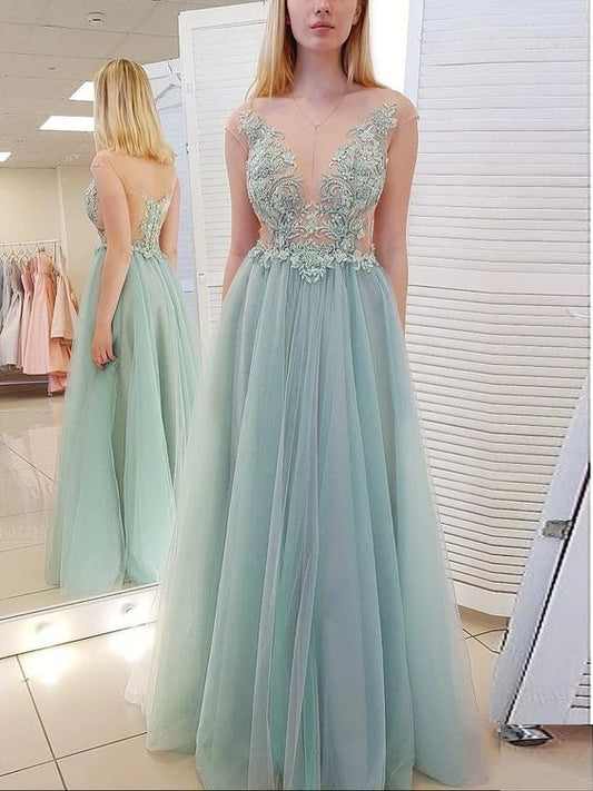 Chic A-line Scoop See Through Long Prom Dresses Evening Dresses cg4608