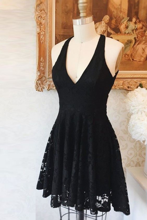 High Low V-Neck Criss-Cross Straps Lace Little Black homecoming Dress cg4613