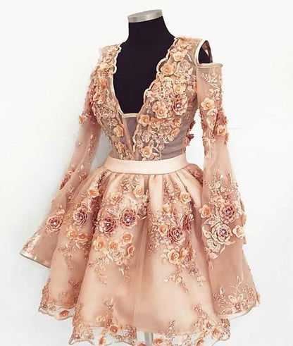 Cute champagne lace applique short homecoming dress cg463