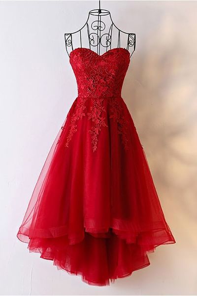 Unique Burgundy High Low Tulle Cheap Prom Dress With Appliques cg464