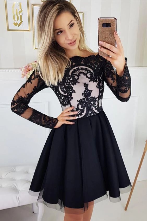 Charming Black Long Sleeves Lace Cheap Short party Dress Homecoming Dresses  cg4659