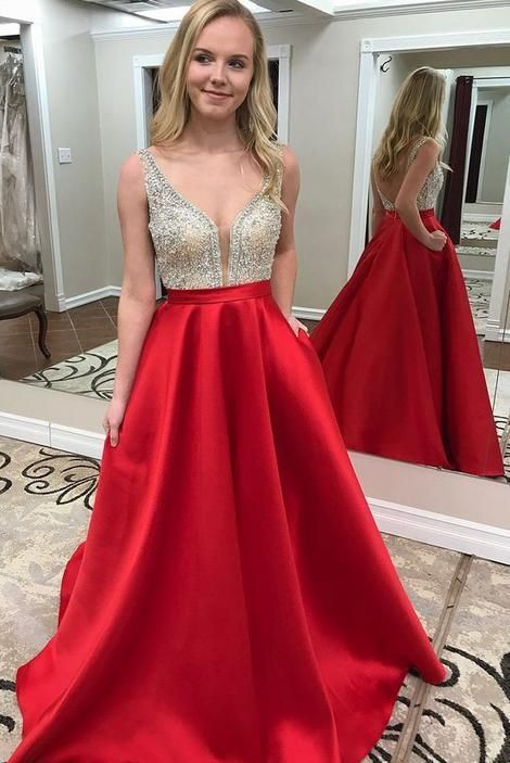 2019 red long prom dress with pockets, red prom dress with silver sequins top cg468