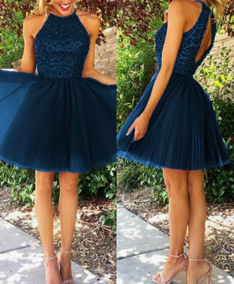 navy blue homecoming dresses short tulle backless dress cg4684