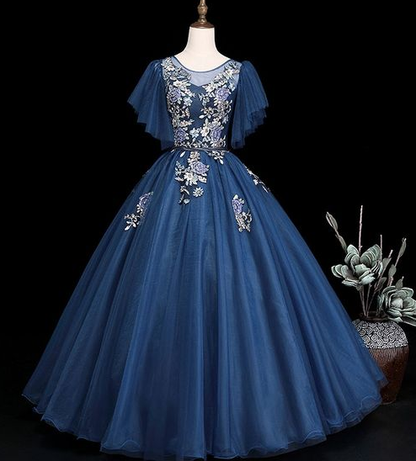 dark blue lace tulle long A line prom dress, evening dress cg4689