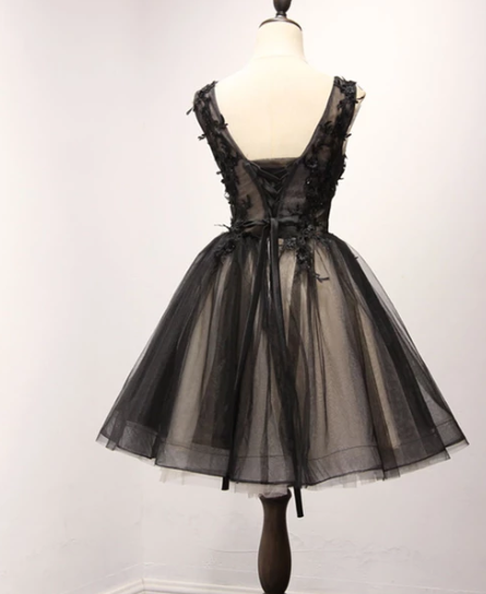 Black v neck tulle lace short party dress, homecoming dress cg4719