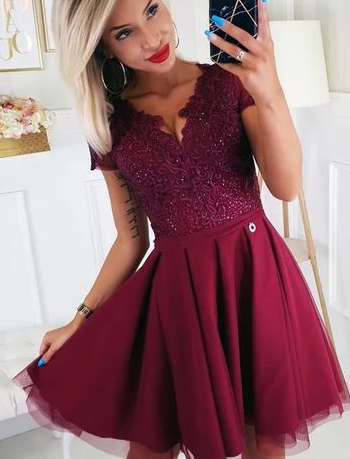 Short Sleeves Burgundy Lace Homecoming Dresses cg4729