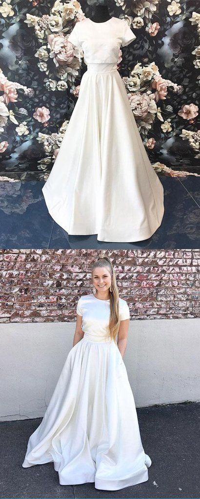 Simple white satin prom dress evening gown, short sleeve prom dress cg4732