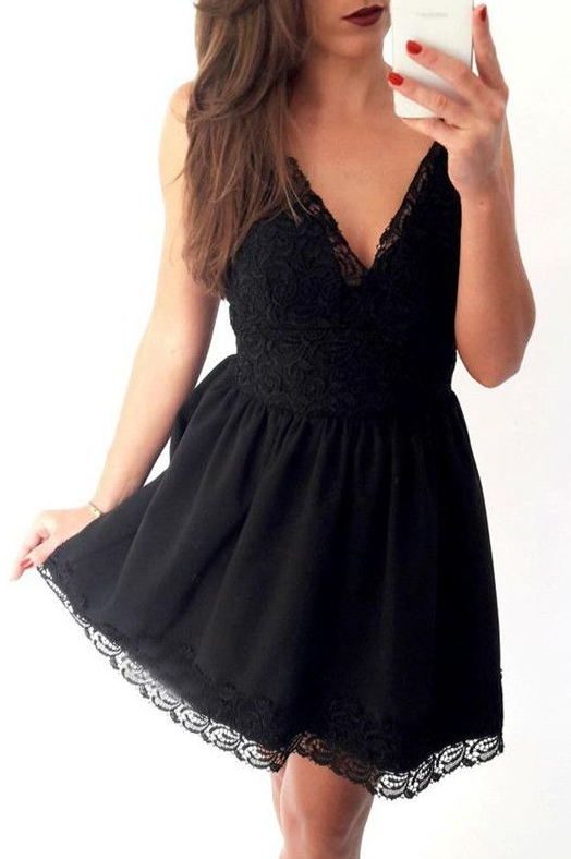 Charming black Lace up Spaghetti Strap lace short party dresses, cheap homecoming dresses cg4748