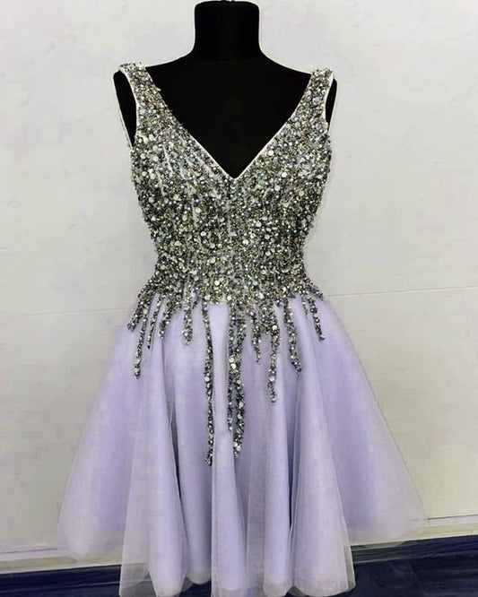 Short Tulle Homecoming Dresses V Neck Sequin Beaded  cg4753