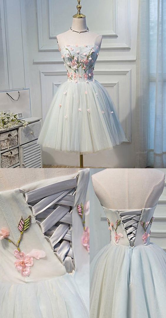 Short Grey Homecoming Dresses With Flower Lace Up Mini dress cg478