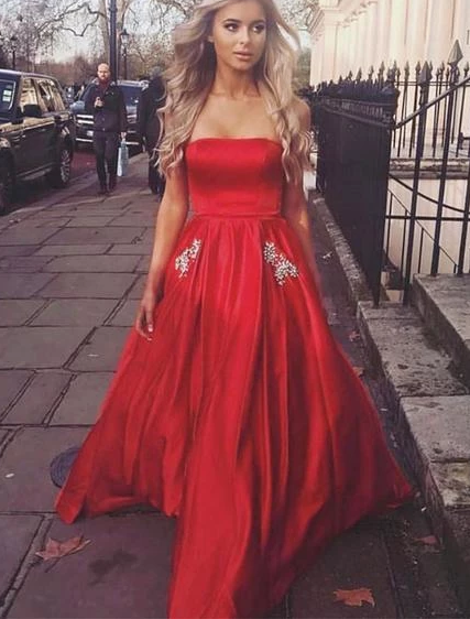 CUTE RED SATIN LONG PROM DRESS, RED EVENING DRESS cg4859