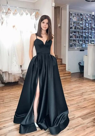 SIMPLE BLACK SATIN LONG PROM DRESS BLACK EVENING DRESS cg4868