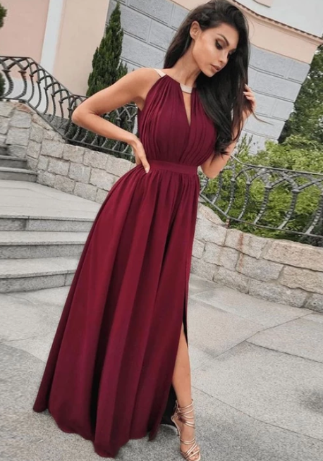 Burgundy chiffon long prom dress, evening dress cg4935