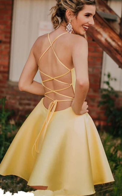 Yellow v neck short A line party dress, homecoming dress cg4937