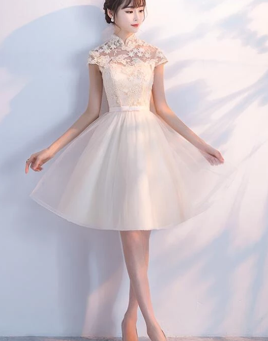 Cute Lace And Tulle Lovely Champagne Short Party Dress, Homecoming Dress cg4939