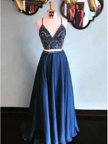 blue two pieces long prom dress, blue evening dress, formal dress cg496