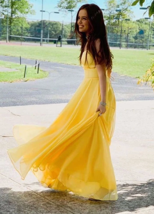 Simple yellow chiffon long prom dress, yellow formal dress cg5016