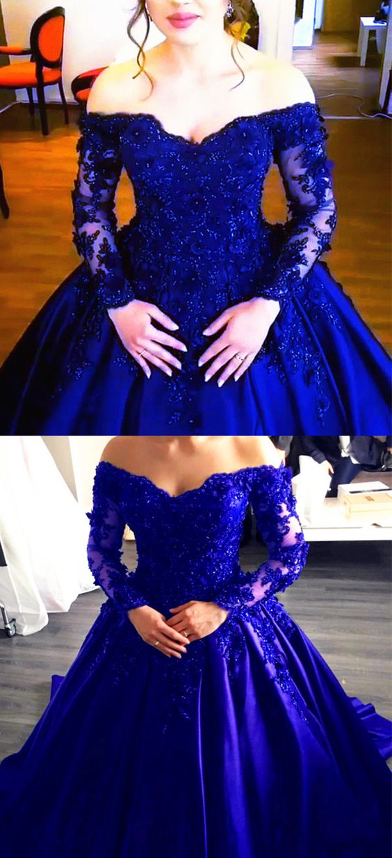 Royal Blue Lace Long Sleeves V-neck Off The Shoulder Satin Wedding Dresses Ball Gowns prom dress cg5045