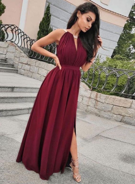 Burgundy chiffon long prom dress, evening dress cg5057