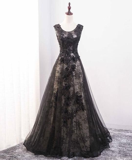 Elegant Black Lace Scoop A-line Floor Length Party prom Dress, Black Formal Dress  cg5081