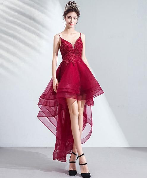 Burgundy tulle lace high low party dress lace homecoming dress cg5154